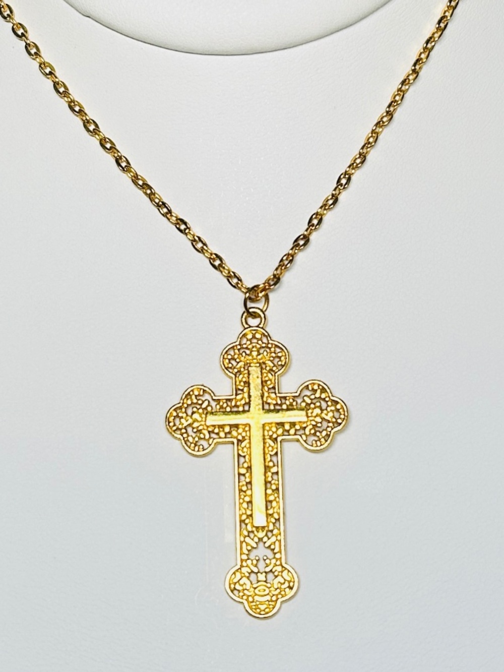 Byzantine-style Orthodox cross filigree 18K Gold Tone pendant necklace.